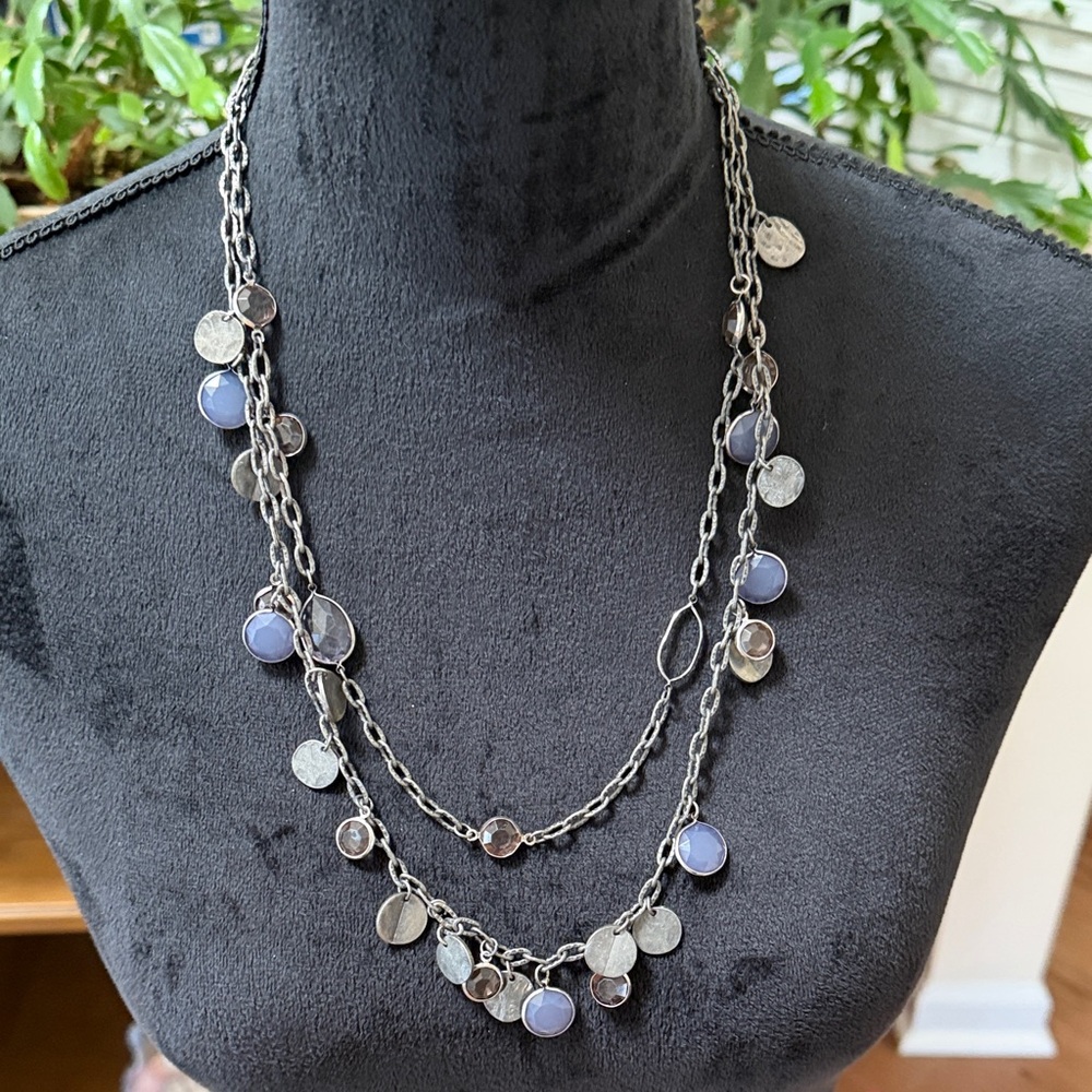 Loft double strand dangle necklace: silver tone/blue/purple dangles
